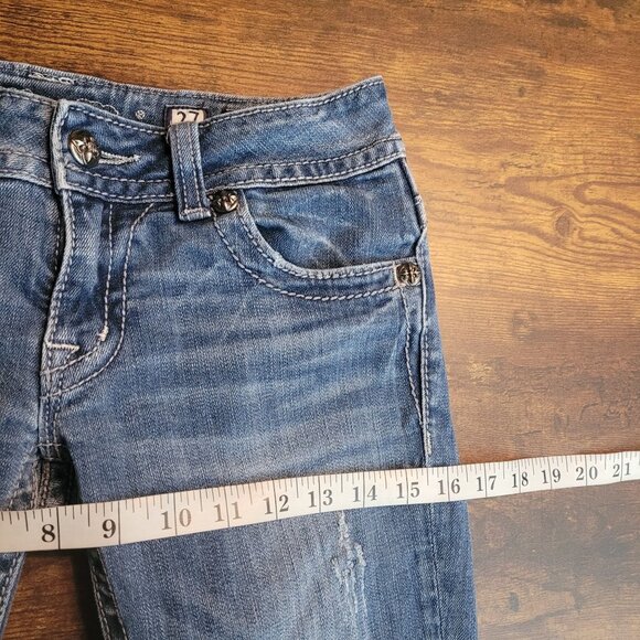 Miss Me Jeans 27 Low Rise Capri Button Flap Ripped Embellished Fray Western - Picture 7 of 11